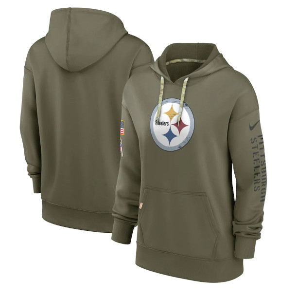 Women's Pittsburgh Steelers 2022 Olive Salute to Service Therma Performance Pullover Hoodie(Run Small)